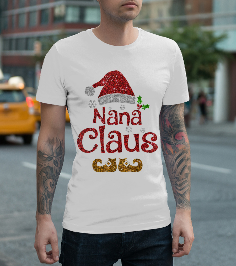 Nana Claus Santa Hat Holly Snowflakes Elf Shoes T-Shirt