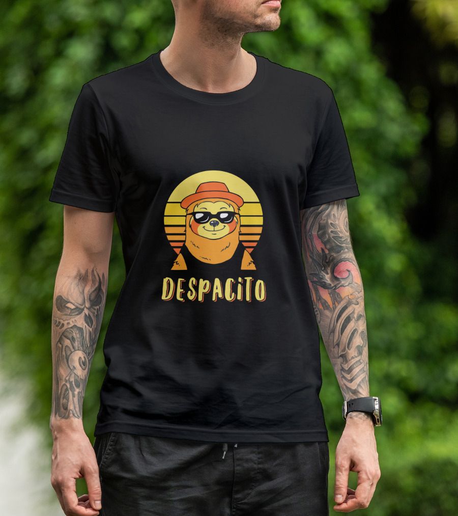 Despacito Sloth Art With Retro Sunset And Stylish Hat T-Shirt