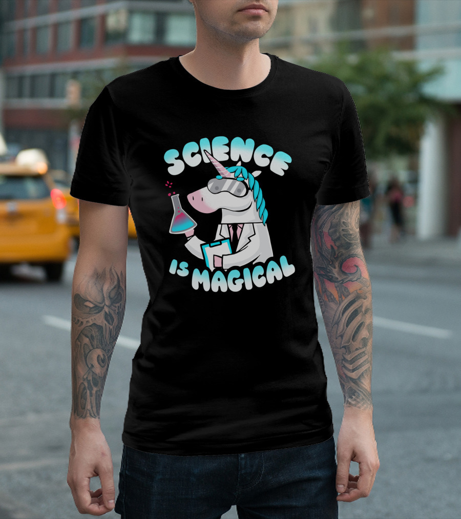 Science is Magical Unicorn in Lab Coat with Beaker T-Shirt