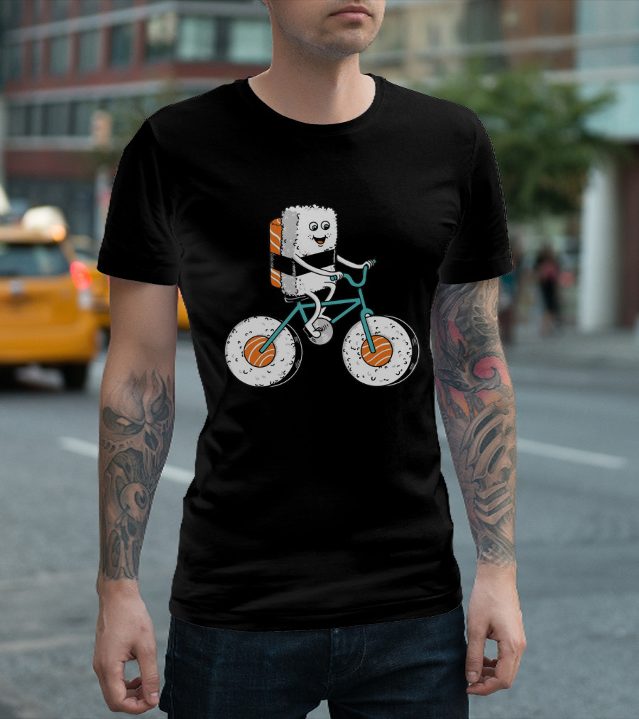 Sushi Roll Riding Bicycle with Sushi Wheels T-Shirt