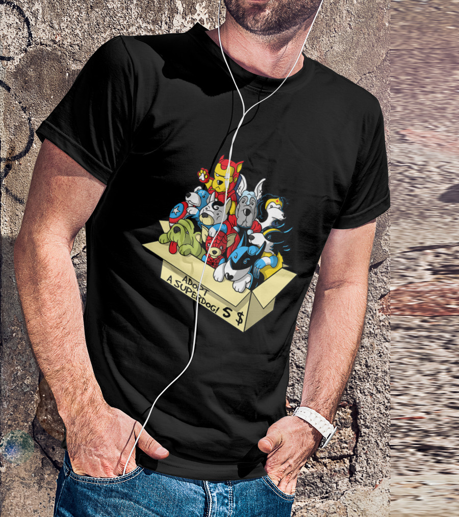Adopt A Superdog Hero Box With $5 Avengers And Justice League Canine Cosplay T-Shirt