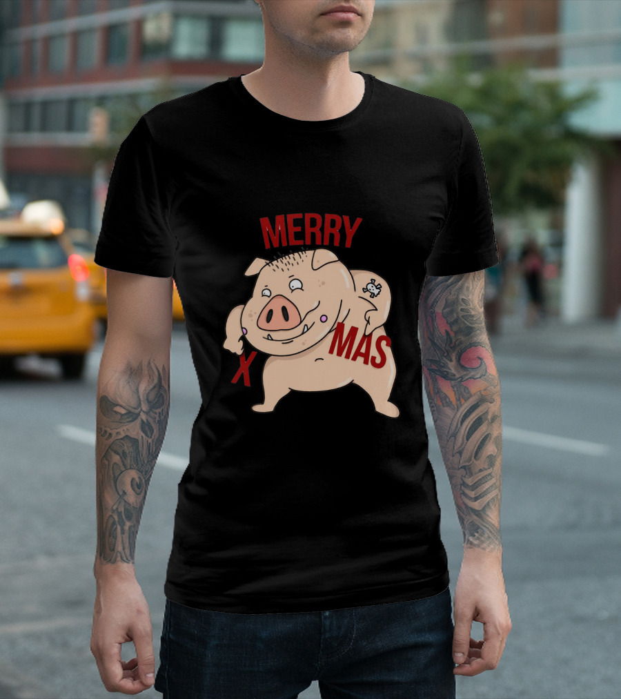 Merry Xmas Pig with Bone Tattoo T-Shirt