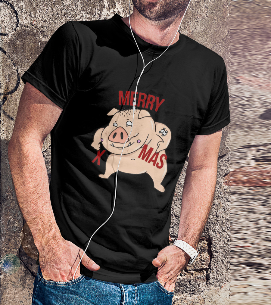 Merry Xmas Pig With Bone Tattoo T-Shirt