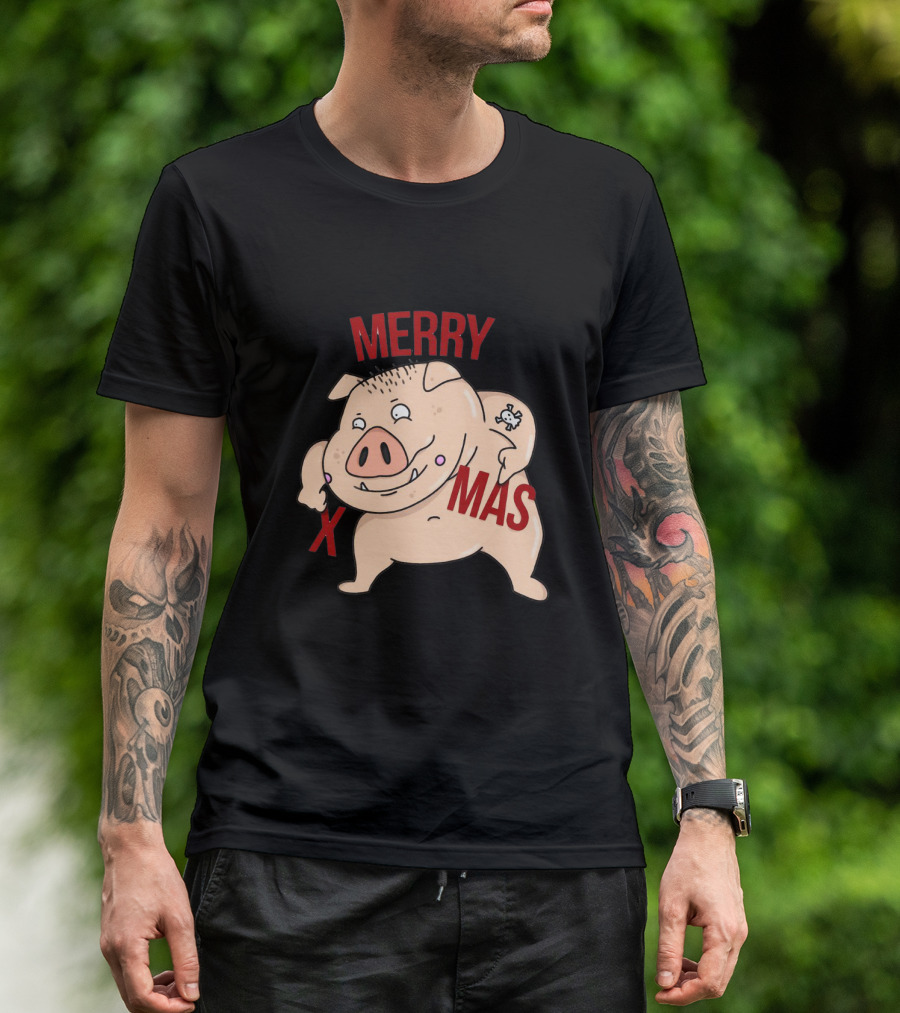 Merry Xmas Pig With Bone Tattoo T-Shirt