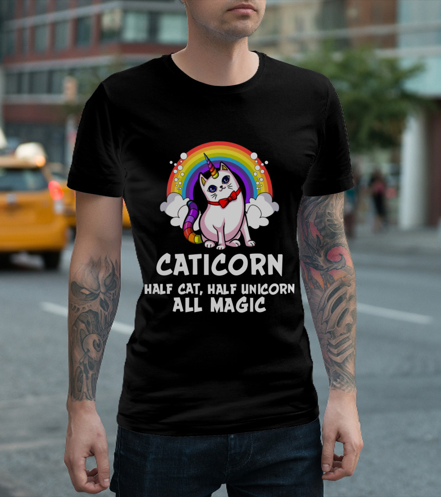 Caticorn Half Cat Half Unicorn All Magic Rainbow Bow Magic T-Shirt