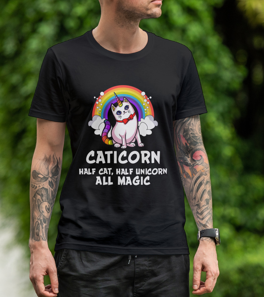Caticorn Half Cat Half Unicorn All Magic Rainbow Bow Magic T-Shirt