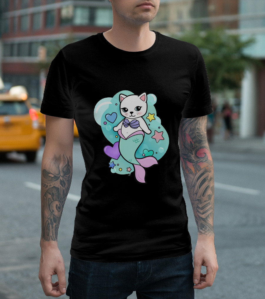 Barbiecore Pretty Purrmaid Pastel Cute Cat Mermaid Bubbles Hearts Stars T-Shirt