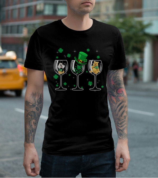 Mickey Patrick Pooh St. Patrick’s Day Wine Glass Trio T-Shirt
