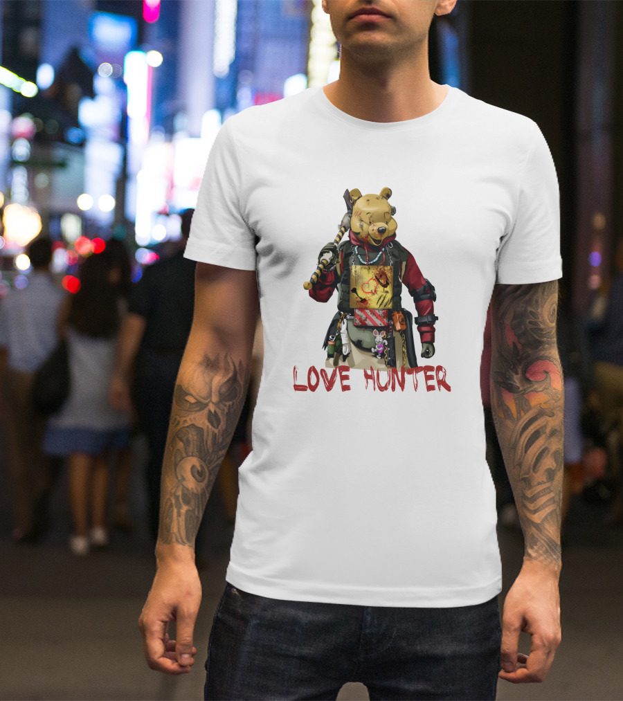 LOVE HUNTER BEAR MASK WARRIOR WITH WEAPON AND HEART T-Shirt