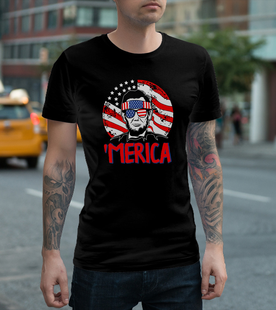 'Merica Abraham Lincoln Patriotic Glasses Flag Bandana USA T-Shirt