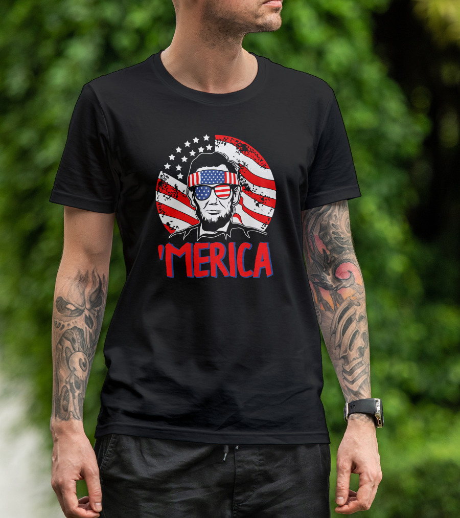'Merica Abraham Lincoln Patriotic Glasses Flag Bandana USA T-Shirt