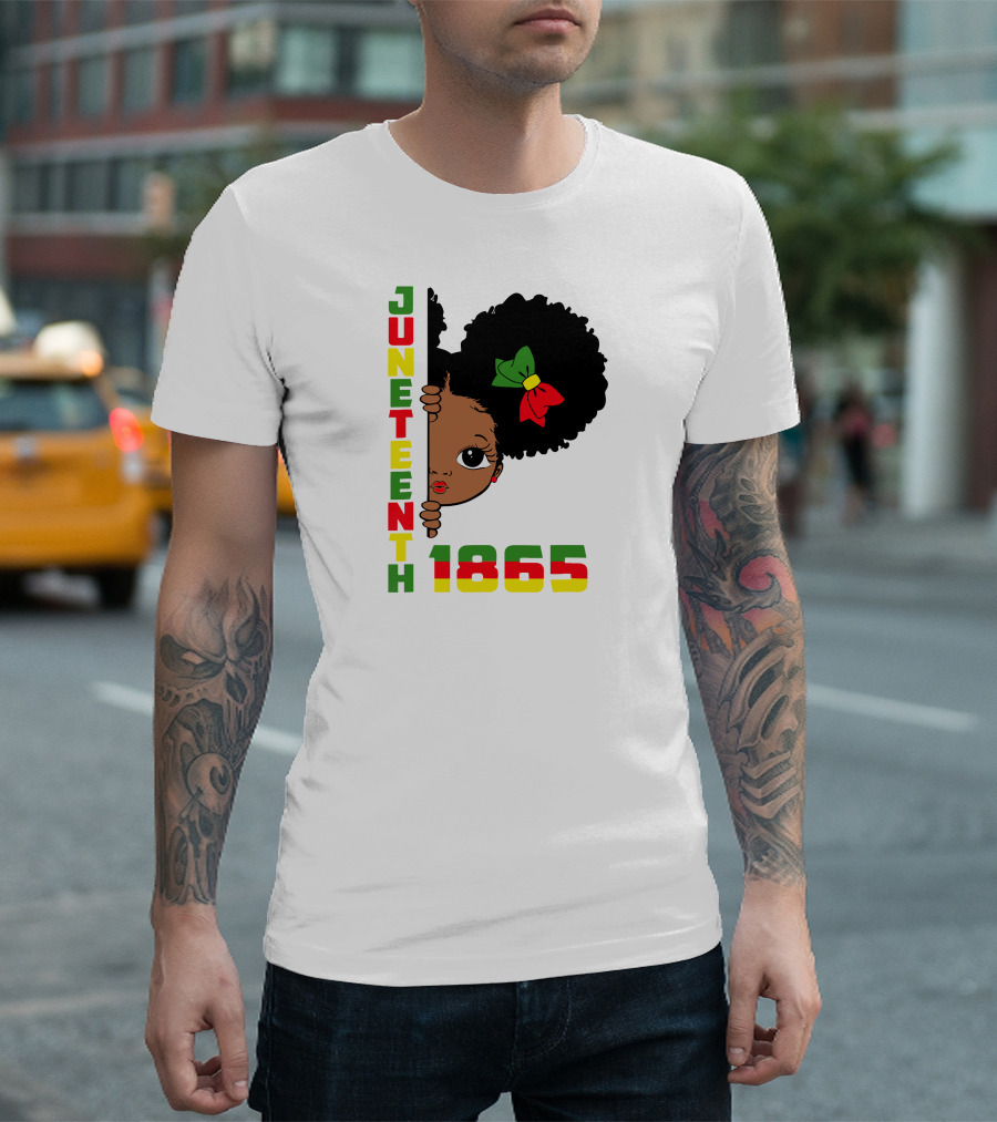 Juneteenth 1865 Celebrating Freedom with Little Girl in Red Green Yellow Bow Afro T-Shirt