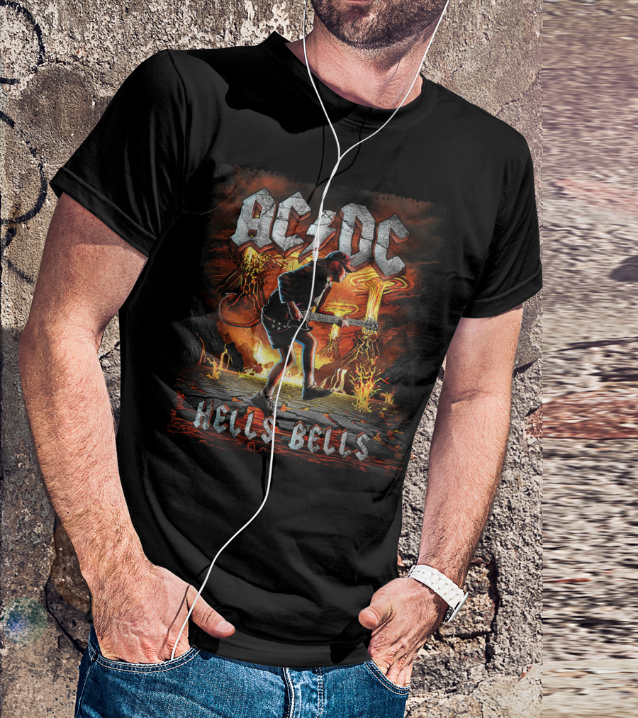 AC/DC Hells Bells Guitarist With Volcanic Eruption Background T-Shirt
