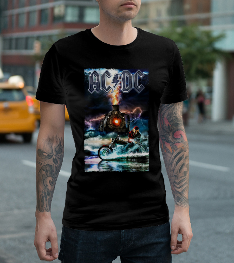 AC/DC Rock and Roll Train with Lightning and Motorbike Scene T-Shirt
