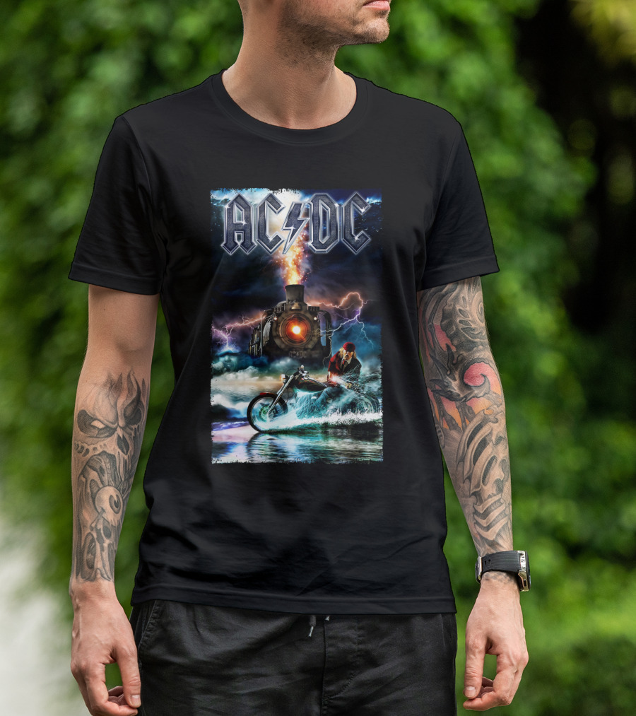 AC/DC Rock And Roll Train With Lightning And Motorbike Scene T-Shirt