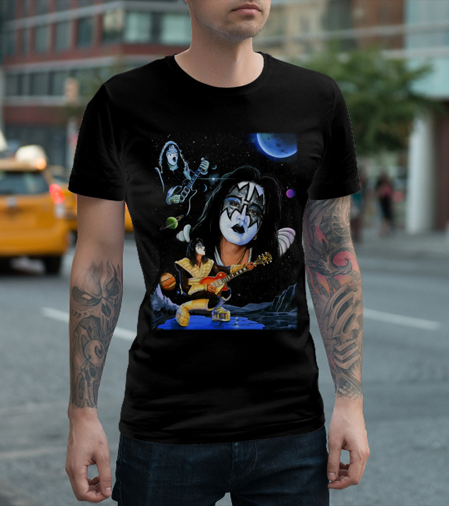 Ace Frehley Kiss Cosmic Rock Guitarist with Space Imagery and Planets T-Shirt