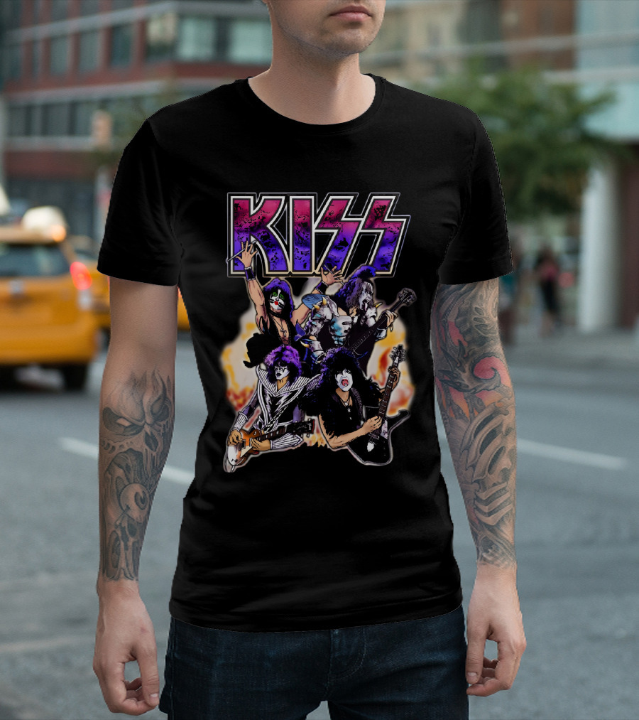 KISS Band Cartoon Graphic With Fire Background T-Shirt