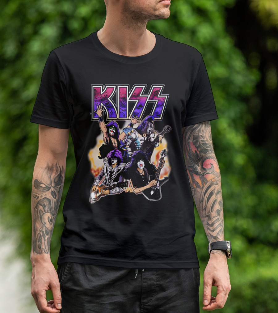 KISS Band Cartoon Graphic With Fire Background T-Shirt