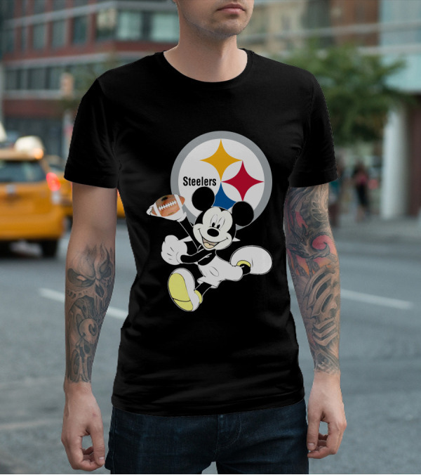 Mickey Mouse With Steelers Logo And Football T-Shirt