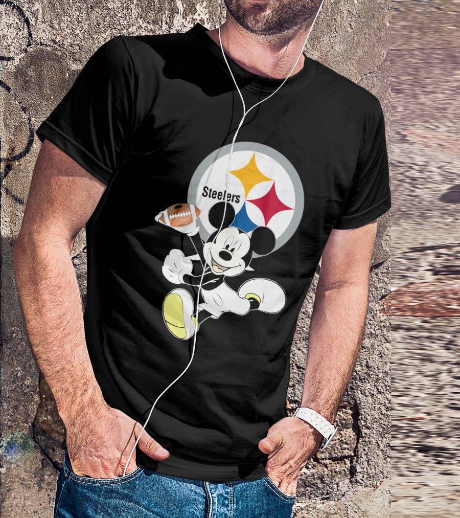 Mickey Mouse With Steelers Logo And Football T-Shirt