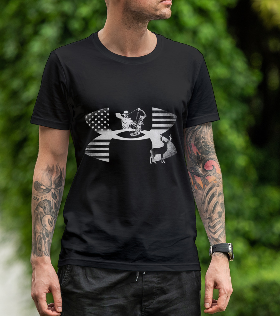 Bowhunting Archer And Deer With American Flag Elements T-Shirt