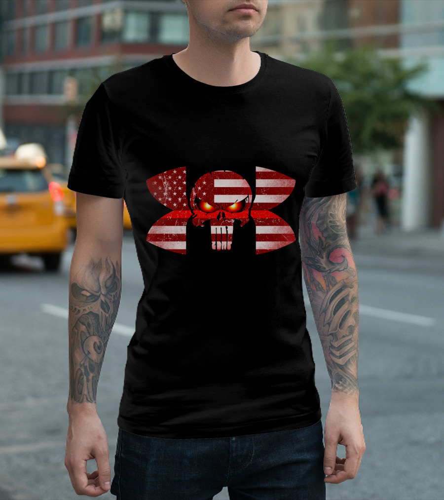 Firefighter Skull American Flag Under Armour Punisher Eyes T-Shirt