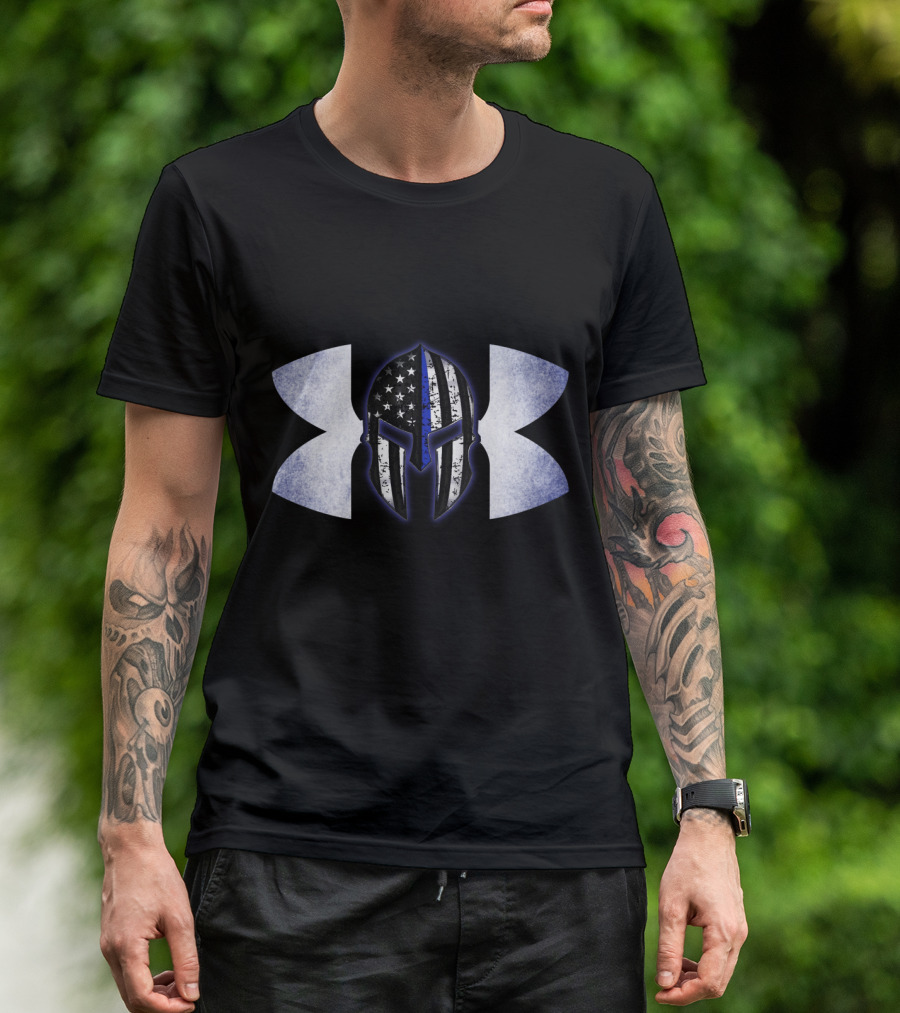 Thin Blue Line Spartan Helmet With American Flag And Tactical T-Shirt