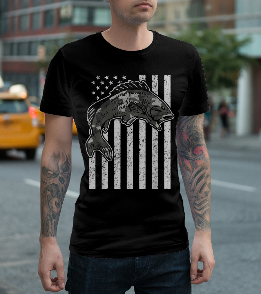 American Flag Camouflage Bass Fishing Mens T-Shirt