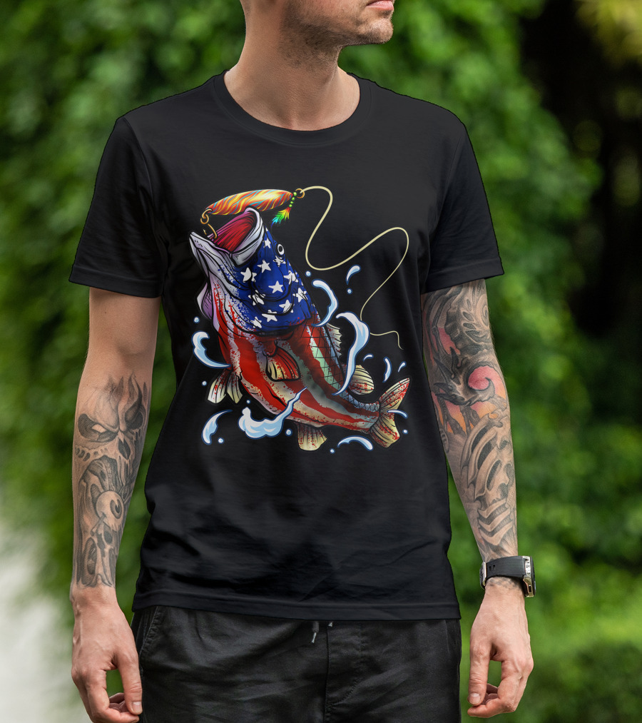 American Flag Bass Fishing Angler Dad Fish T-Shirt