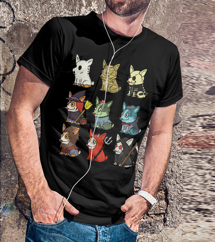 Corgi Costumes Ghost Mummy Skeleton Witch Zombie Vampire Werewolf Devil Reaper T-Shirt