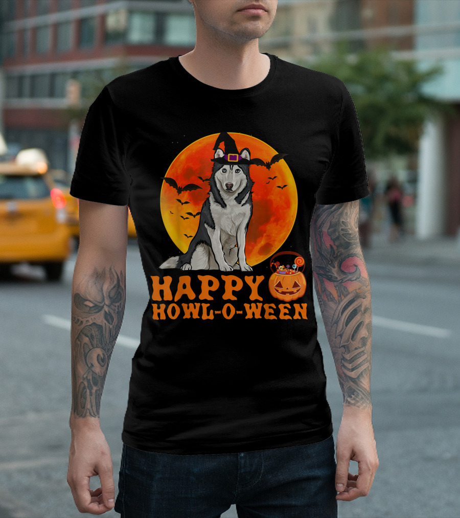 Halloween Siberian Husky Dog Happy Howl-O-Ween Pumpkin Moon Bats T-Shirt