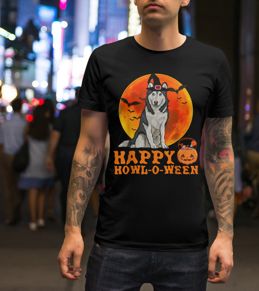 Halloween Siberian Husky Dog Happy Howl-O-Ween Pumpkin Moon Bats T-Shirt