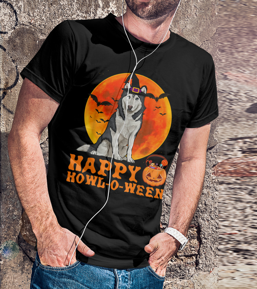 Halloween Siberian Husky Dog Happy Howl-O-Ween Pumpkin Moon Bats T-Shirt