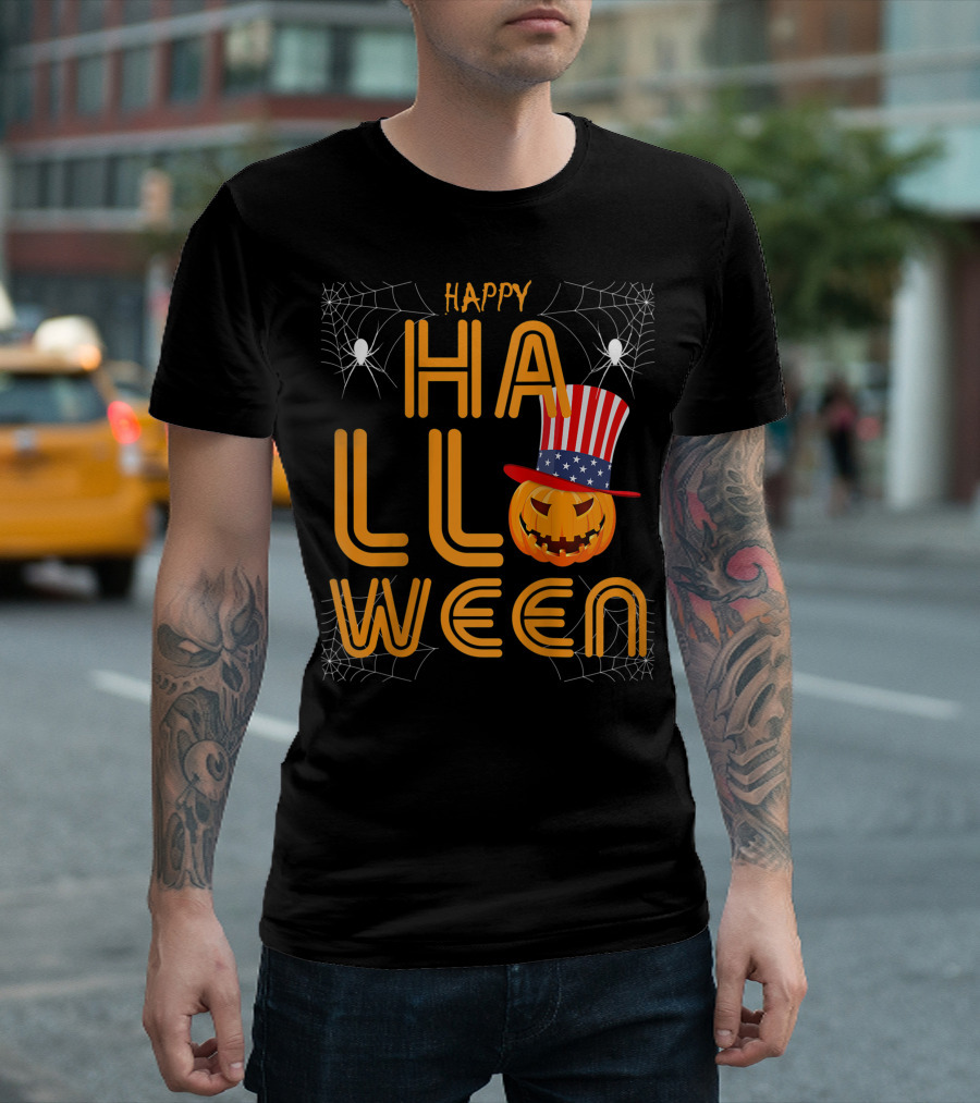 Happy Halloween Funny Orange Pumpkin American Flag Hat with Spider Webs T-Shirt