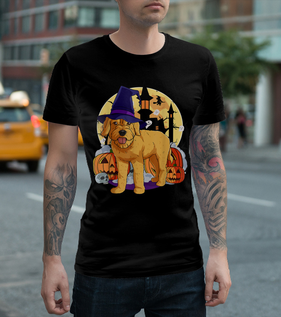 Happy Halloween Goldendoodle Dog Witch Hat Pumpkin Moon Haunted House Ghosts T-Shirt