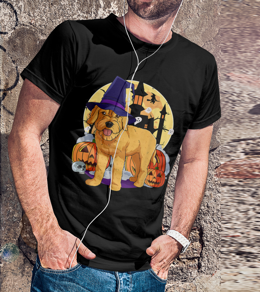 Happy Halloween Goldendoodle Dog Witch Hat Pumpkin Moon Haunted House Ghosts T-Shirt