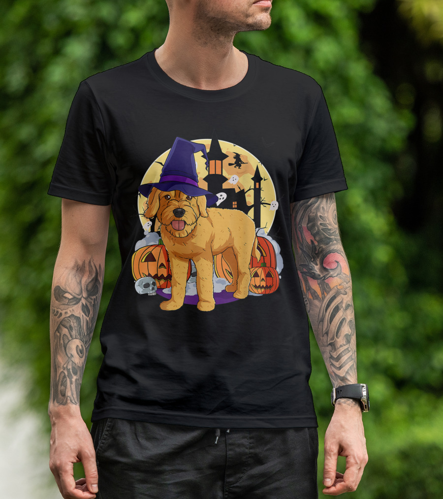 Happy Halloween Goldendoodle Dog Witch Hat Pumpkin Moon Haunted House Ghosts T-Shirt