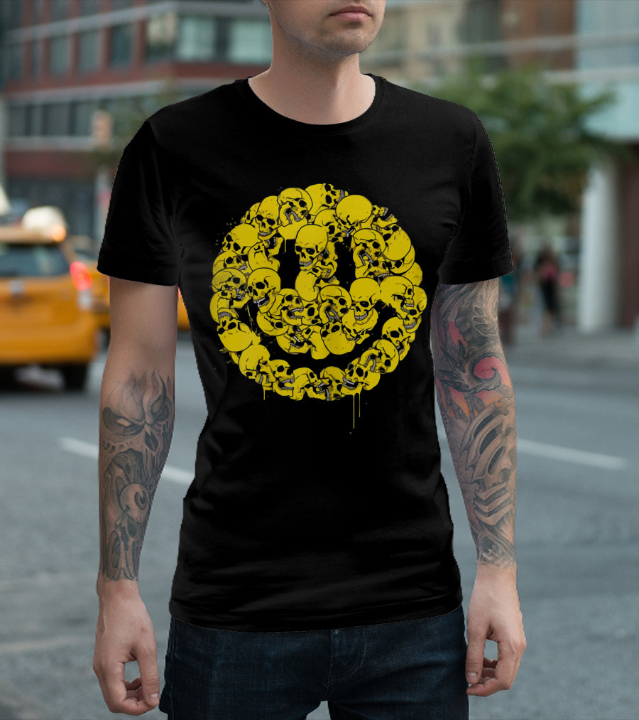 Smiley Face Skull Circle Halloween Goth Occult Scary T-Shirt