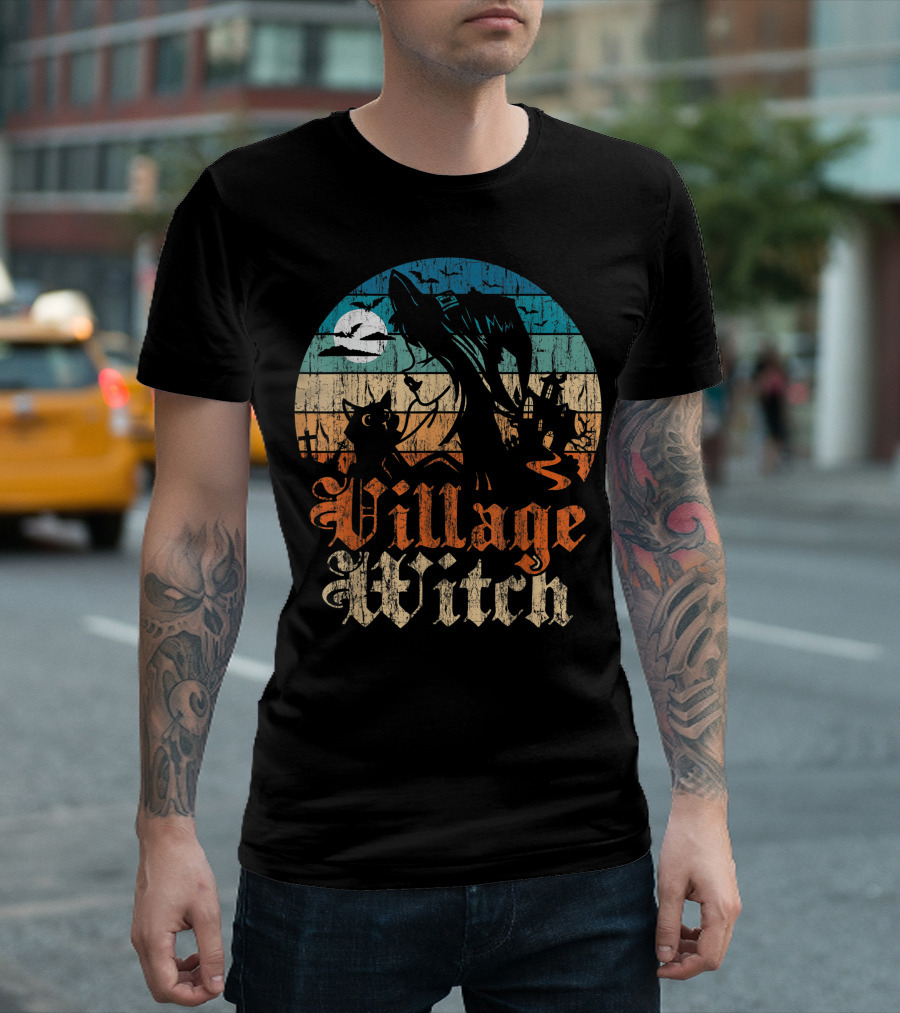 Village Witch Cat Silhouette Moon Sunset T-Shirt