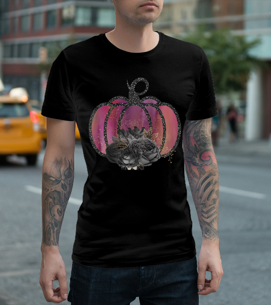 Women Halloween Pumpkin Unique Fall Raglan Baseball with Black Floral Accents T-Shirt