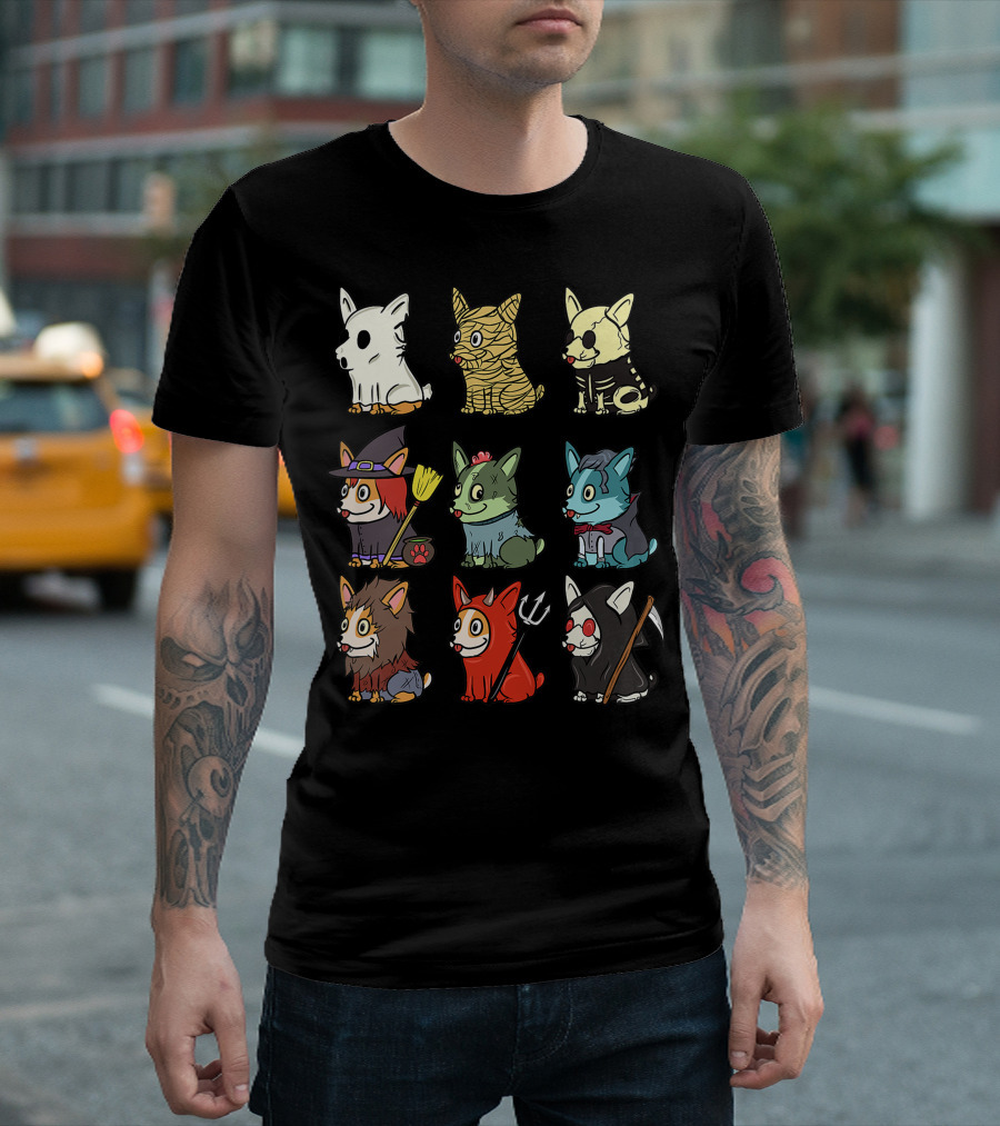 Corgi in Scary Ghost, Mummy, Skeleton, Witch, Zombie, Vampire, Werewolf, Devil, and Grim Reaper Costumes Funny Dog T-Shirt