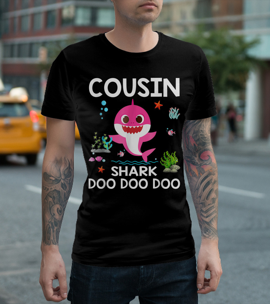Cousin Shark Doo Doo Doo Funny Cousin Best Birthday with Underwater Sea Creatures and Pink Shark T-Shirt