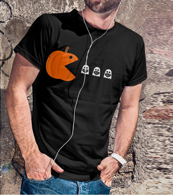 Pac-Man Pumpkin Eating Ghosts Funny Halloween Men's T-Shirt