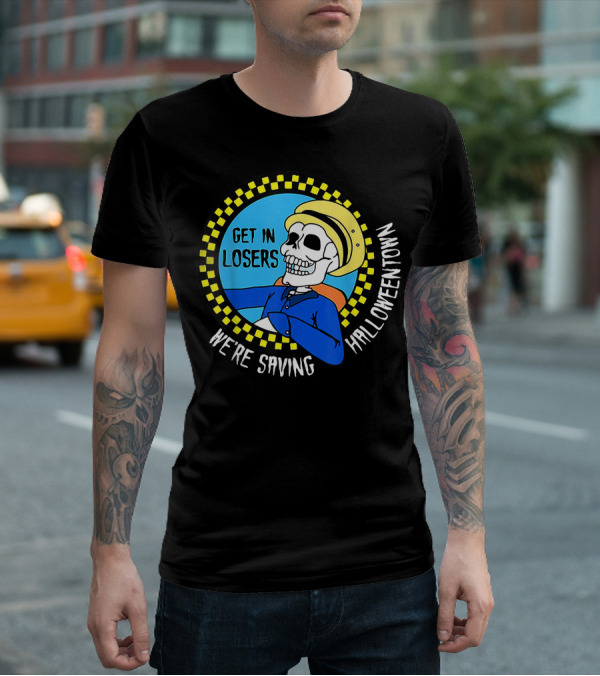 Get In Losers Skull Drive We're Saving Halloween Town Checker Circle Blue Background T-Shirt