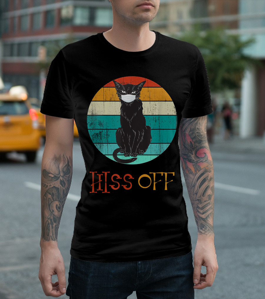 Hiss Off Black Kitty with Mask and Retro Stripes T-Shirt