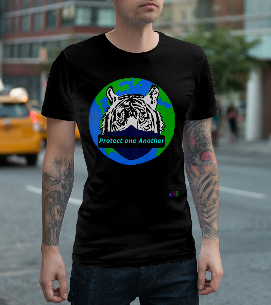 Lucmarty Protect One Another Tiger Wearing Face Mask Over Earth T-Shirt