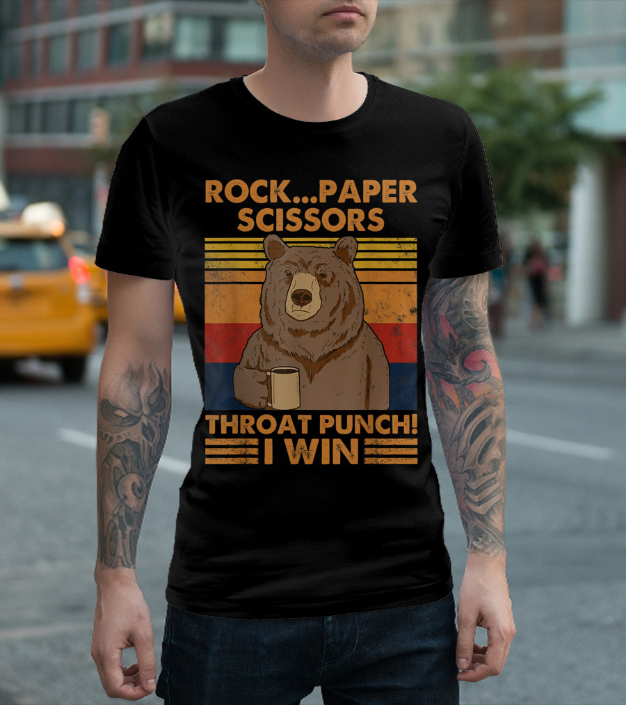 Rock Paper Scissors Throat Punch I Win Funny Bear Vintage Colorful Retro Lines T-Shirt