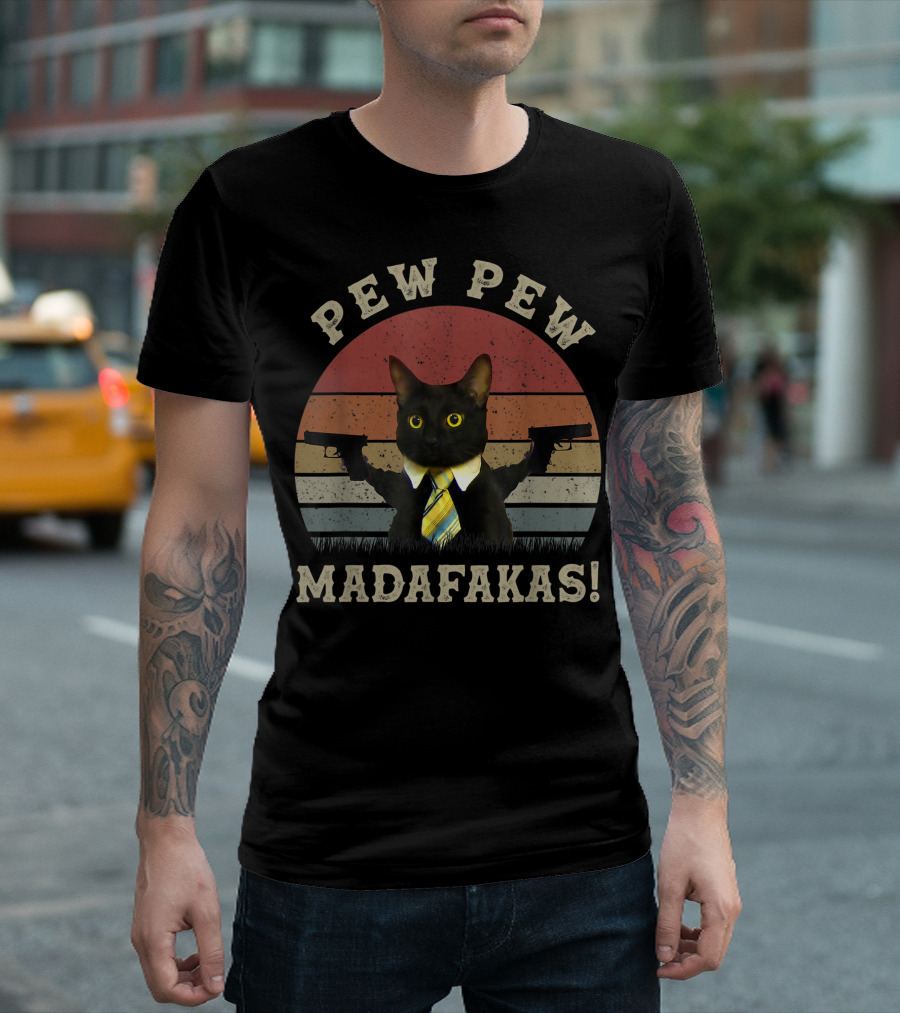 Pew Pew Madafakas Cat with Guns and Tie T-Shirt