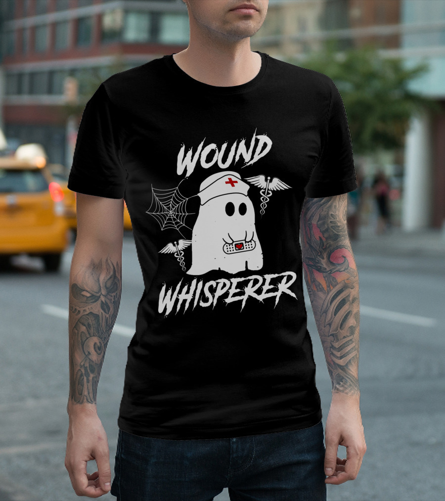 Wound Whisperer Nurse Ghost with Caduceus and Spider Web T-Shirt