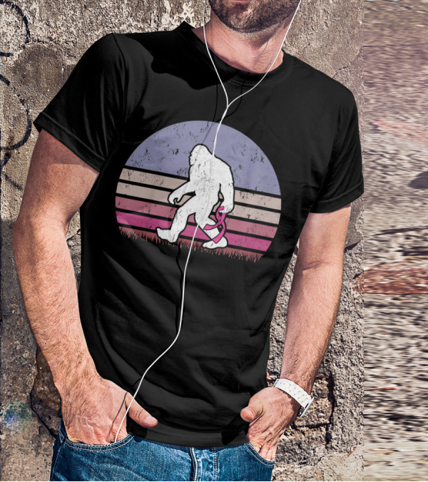 Vintage Bigfoot Breast Cancer Awareness Pink Ribbon Retro Stripes T-Shirt